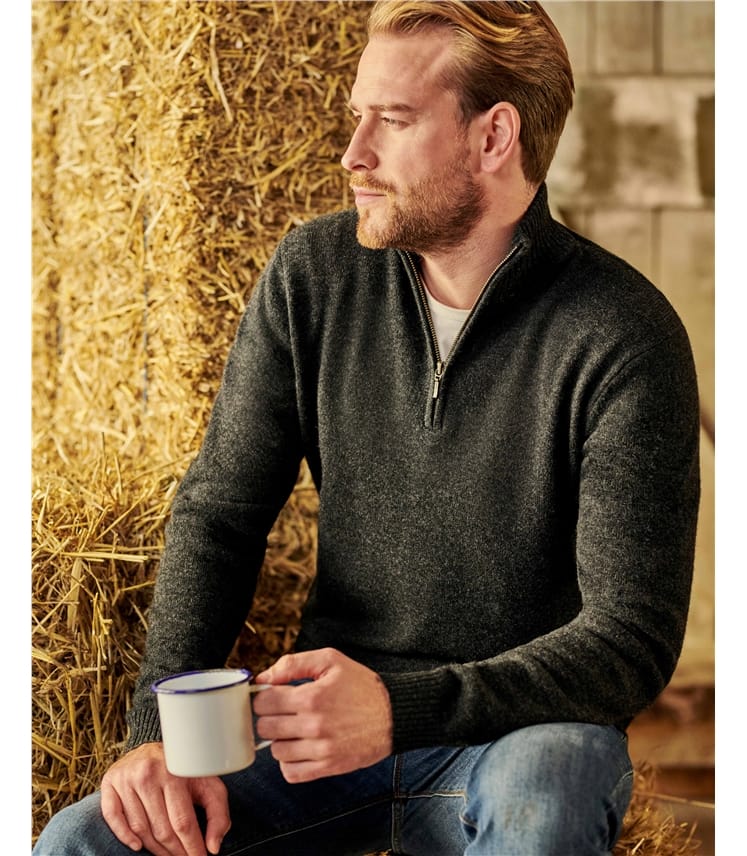 Lambs Wool Zip Neck Jumper- Charcoal