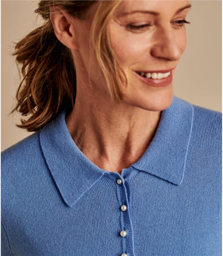 Cashmere and Merino Knitted Polo Shirt - Clear Sky